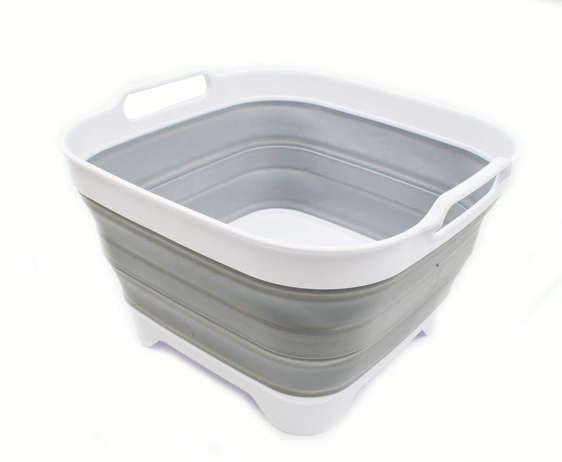 SAMMART 10L (2.64 gallon) Collapsible Dishpan with Draining Plug - Foldable Washing Basin - Portable Dish Washing Tub - Space Saving Kitchen Storage Tray (1, White/Grey) - Image 1